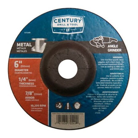Century Drill & Tool Century Drill  Depressed Center Grinding Wheel 6" x 7/8"  Type 27 Aluminum Oxide 75549